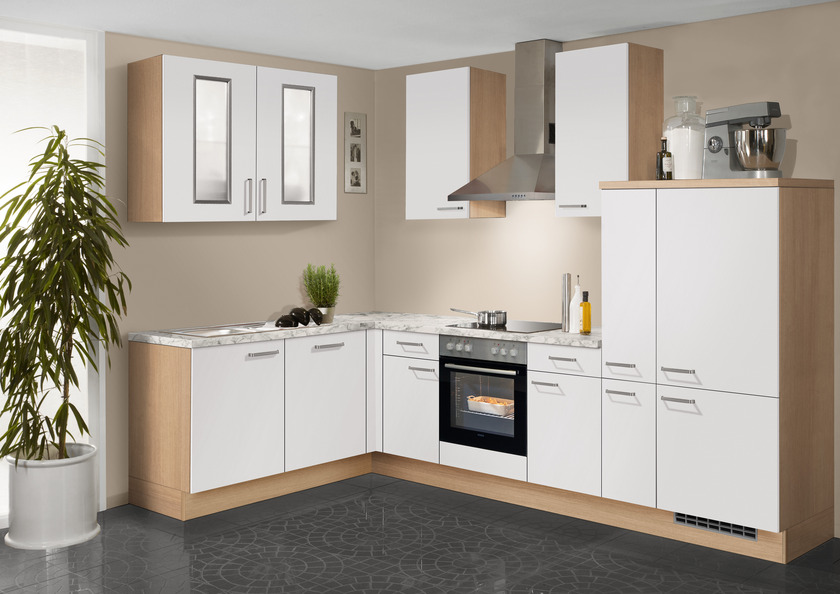 Winkelküche UV-Lack Hochglanz weiß/ Eiche Summerfield Nachbildung 185 x 305 cm