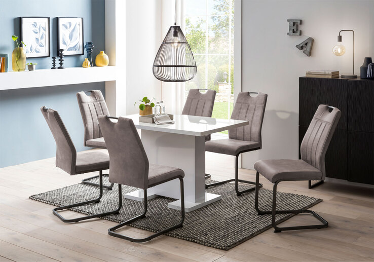 Tischgruppe Silvana 7-teilig Hochglanz Weiß Microfaser Vintage-Optik Grau