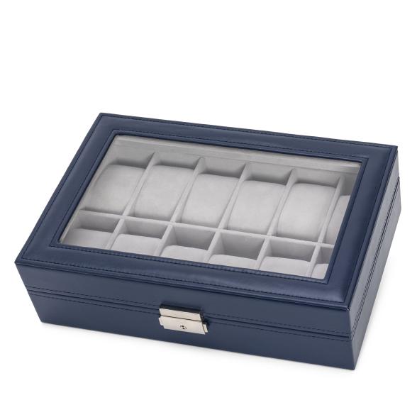 Uhrenbox für 12 Uhren, PU Leder blau, Samt grau