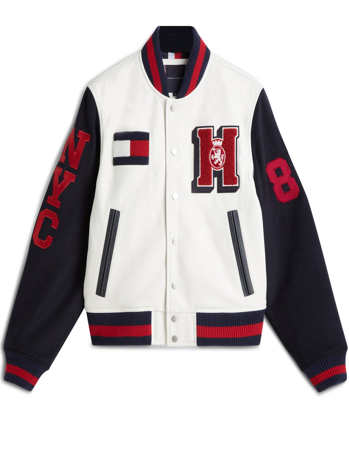 Tommy Hilfiger Wattierte College-Lederjacke mit Aufnähern und Wollärmeln in S
