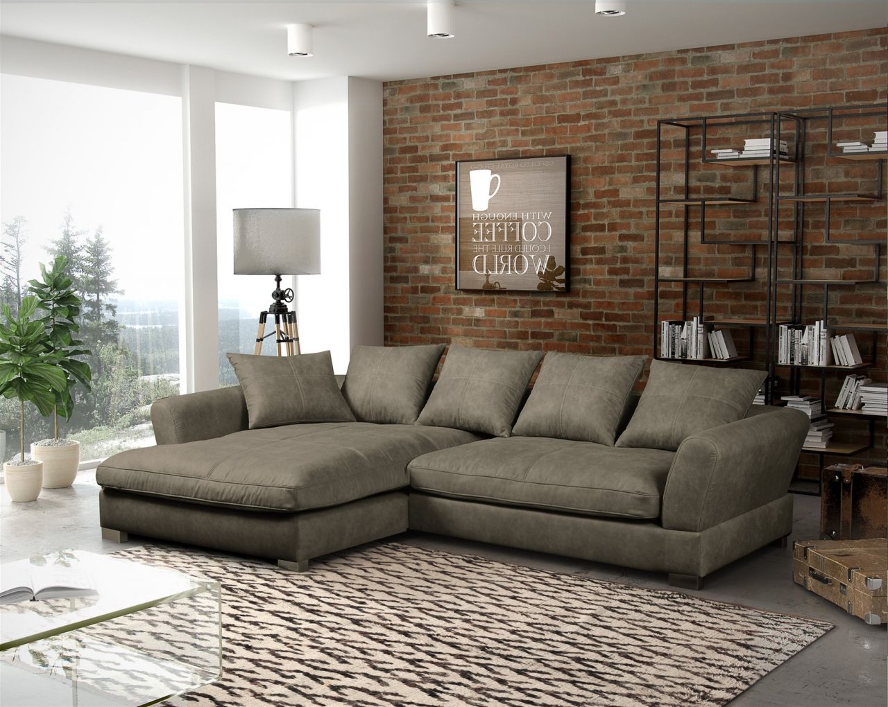 Couchgarnitur TIZIAN L-Form in Wildlederoptik-Grau / Ottomane Links