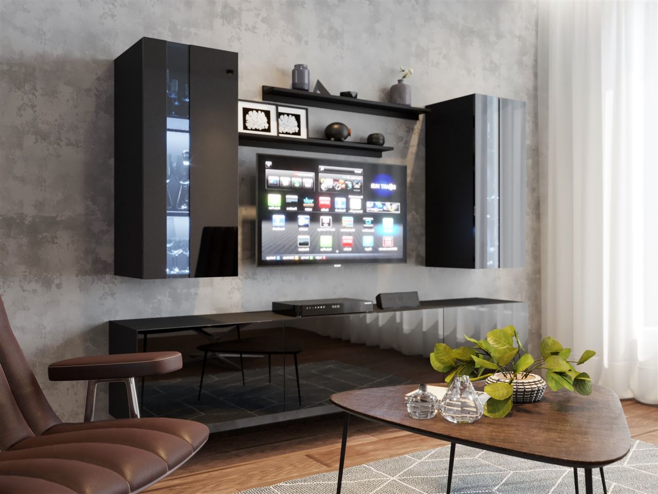 Mediawand Wohnwand 6 tlg - NEXI XL 26 - Schwarz Hochglanz inkl. LED