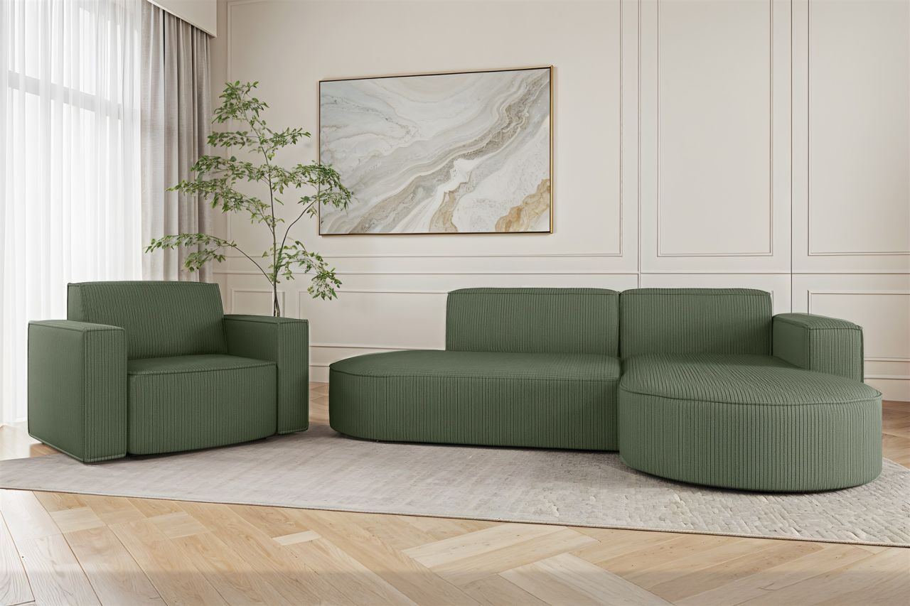 Sofa Set 2-teilig Sessel und Ecksofa PALMA XS Stoff Scala Forest Ottomane Rechts