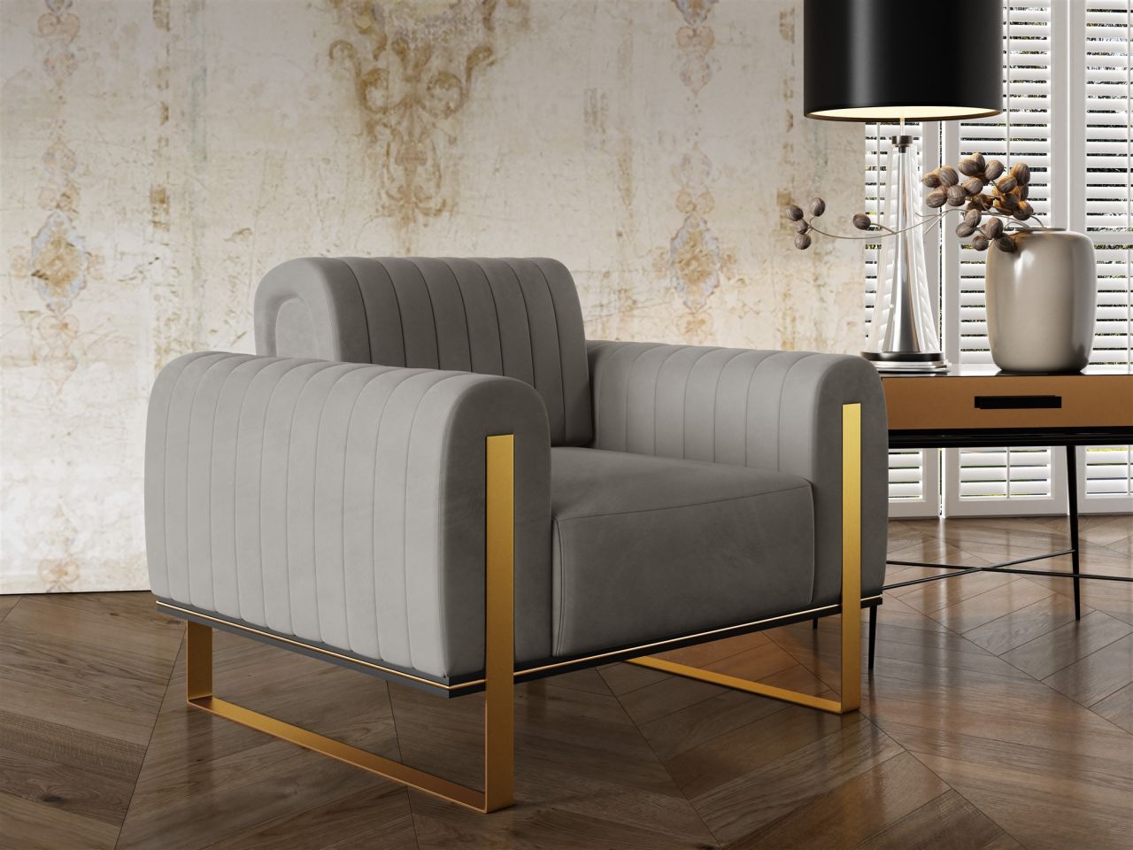 Sessel Designersessel VALERIE in Stoff Elisa Velvet Hellgrau