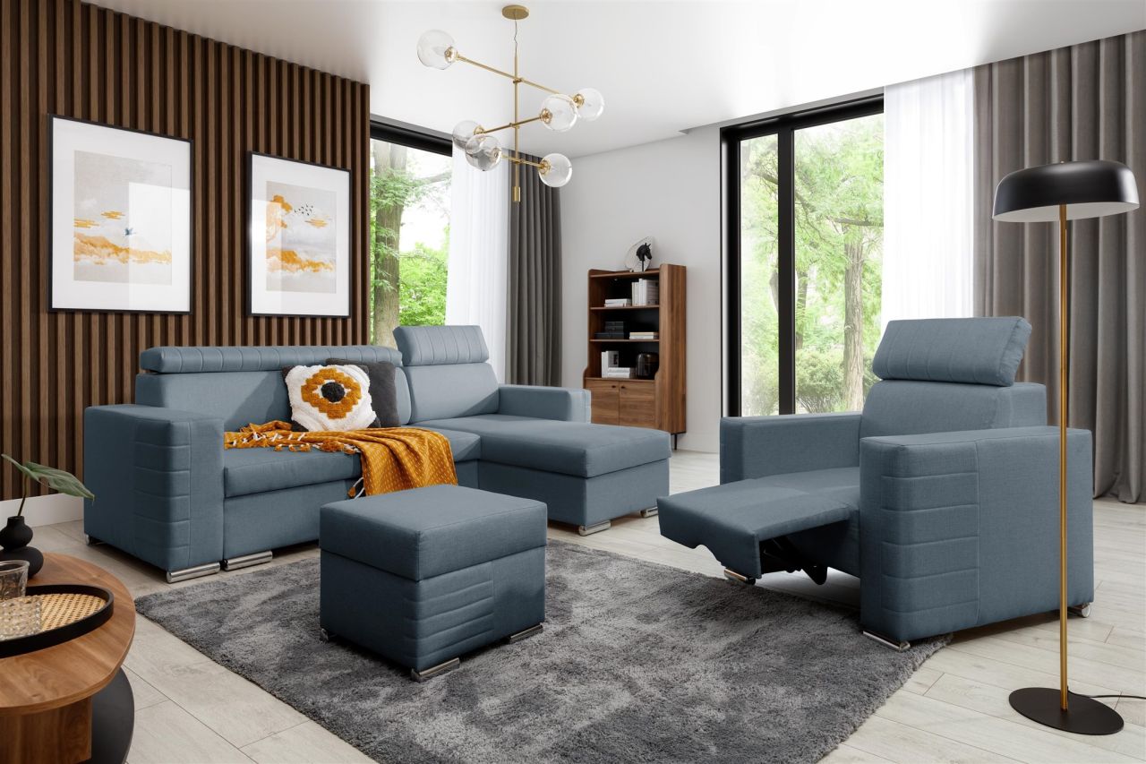 Ecksofa inkl. Hocker und Sessel CANTON Stoff Liverpool Azurblau Ottomane Rechts