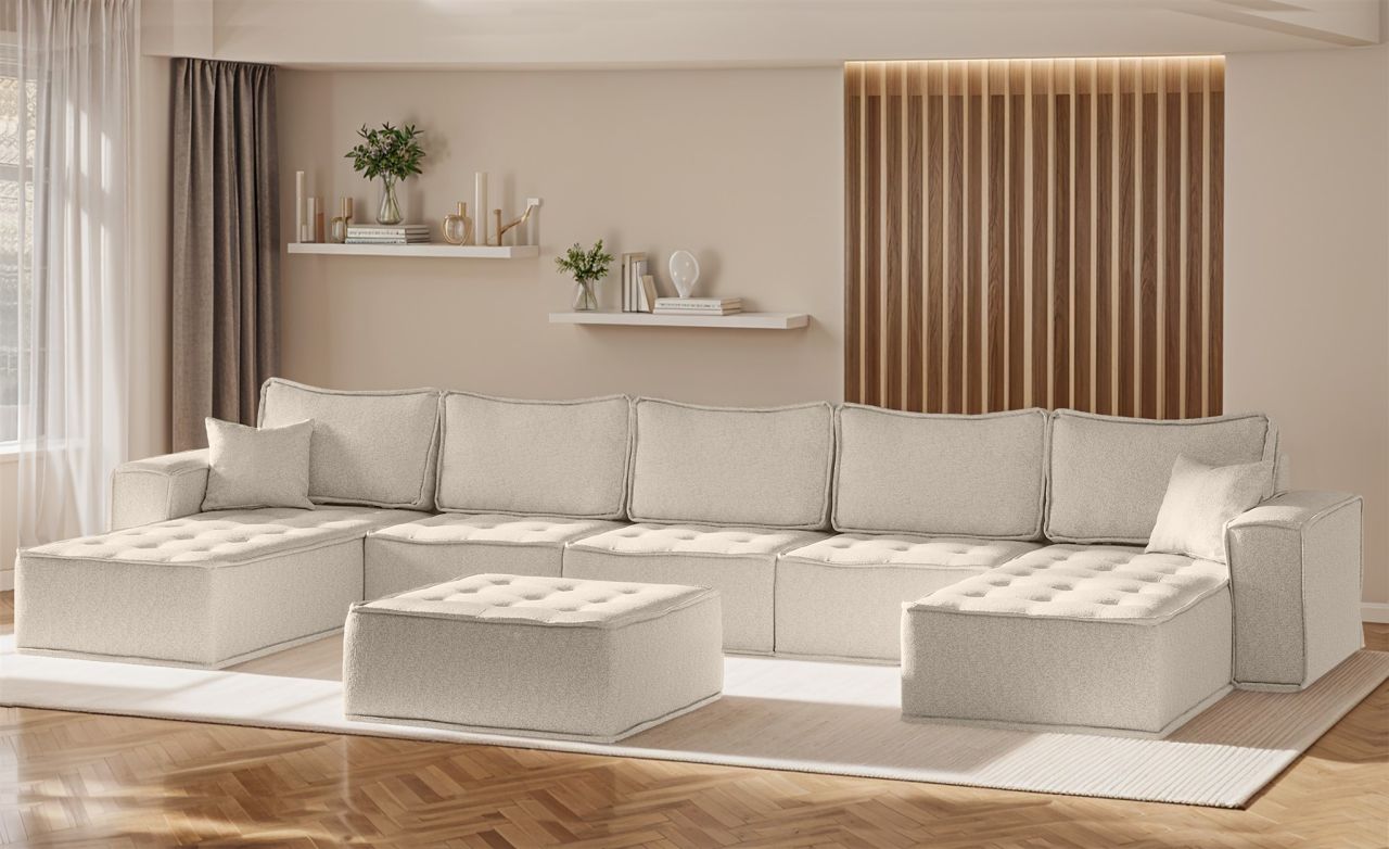 Wohnlandschaft Sofa U-Form Modulsofa-Set 6-teilig SANDE Stoff Alpine Beige