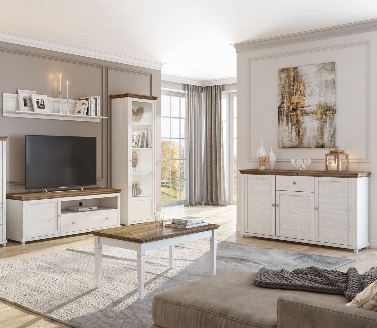 Wohnzimmer-Set HOME 5 tlg Schrankwand mit Couchtisch Weiss Abisko