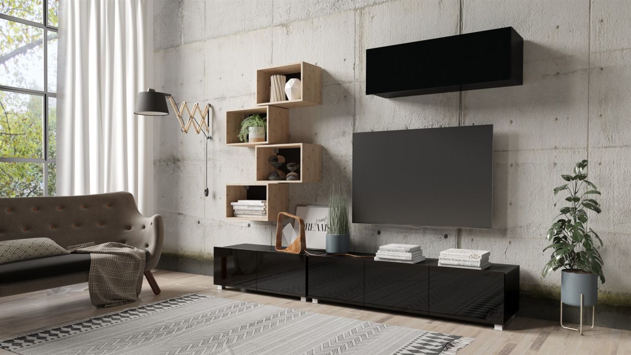 Mediawand Wohnwand 7 tlg - KAVOS 14 - Schwarz Hochglanz