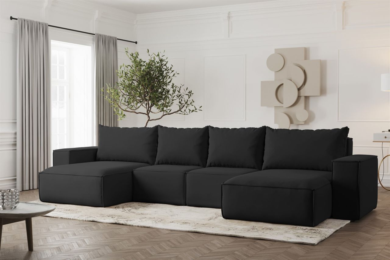 Wohnlandschaft U-Form Sofa ESTELLE mit Schlaffunktion Stoff Opera Velvet Schwarz
