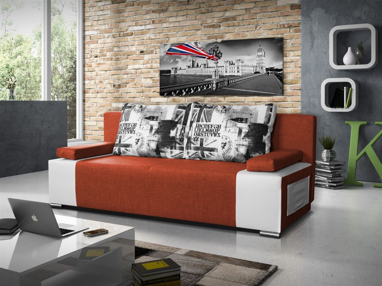 Sofa Schlafsofa inklusive Bettkasten LIVIAN Weiss / Dunkelorange