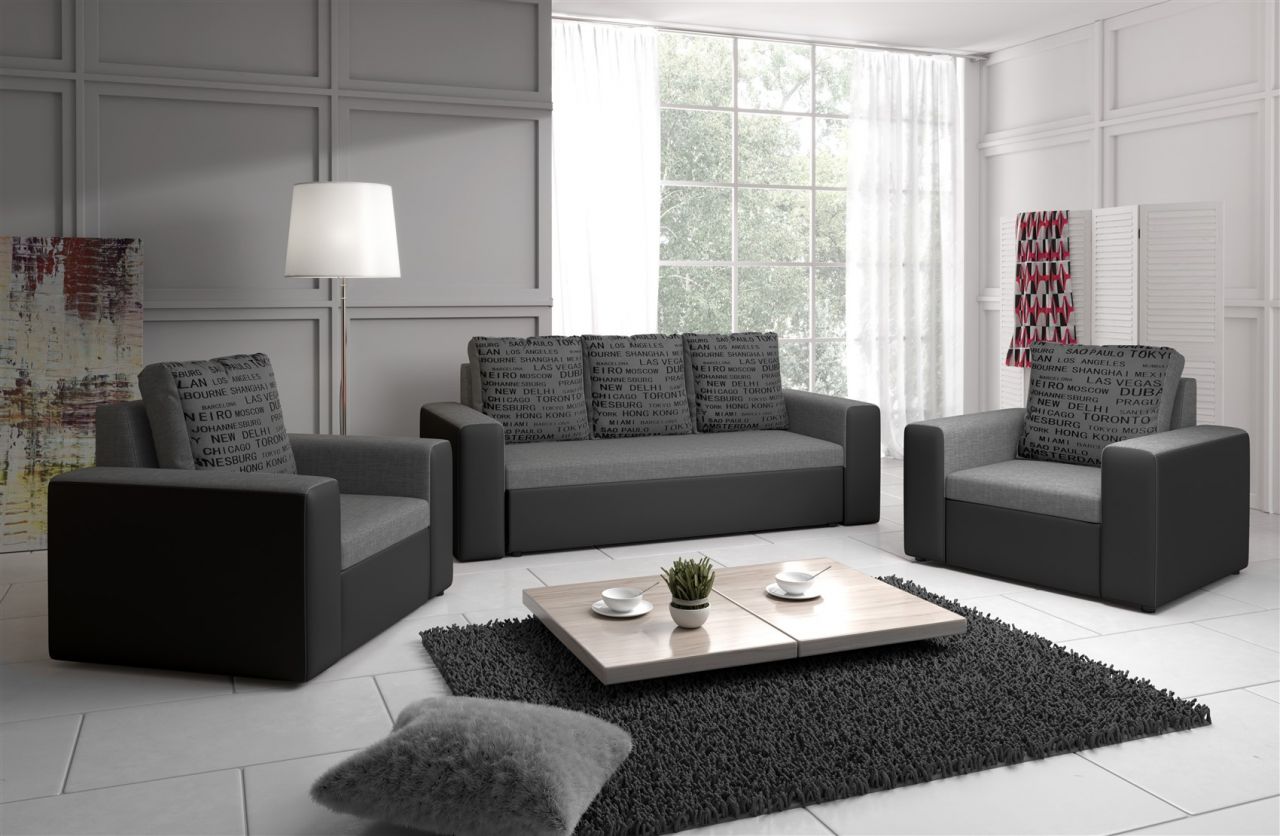 Sofa Set LEEDS 3-1-1 Sofagarnitur in Kunstleder-Webstoff Grau/Hellgrau