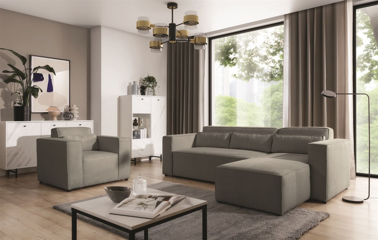 Ecksofa Schlafsofa inkl. Sessel WALDO Stoff Brooklyn Dunkelgrau Ottomane Rechts