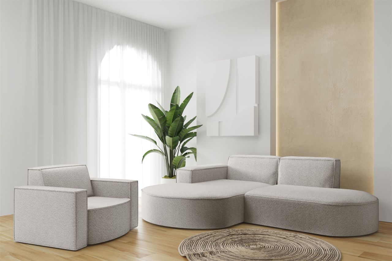 Sofa Set 2-teilig Sessel und Ecksofa PALMA XS Stoff Ascot Pearl Ottomane Links