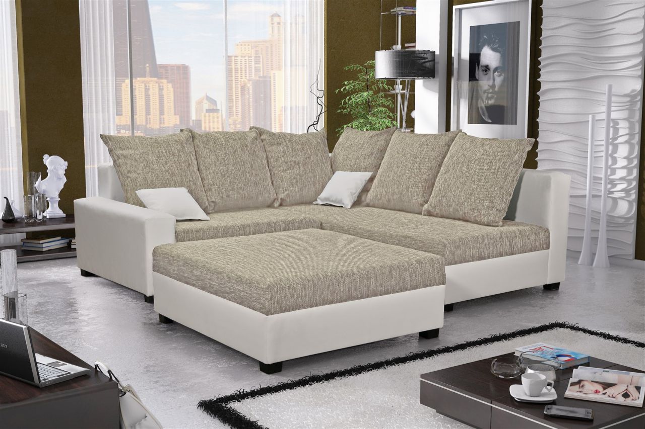 Ecksofa Sofa NINA inkl.Hocker Weiss / Beige Ottomane Rechts