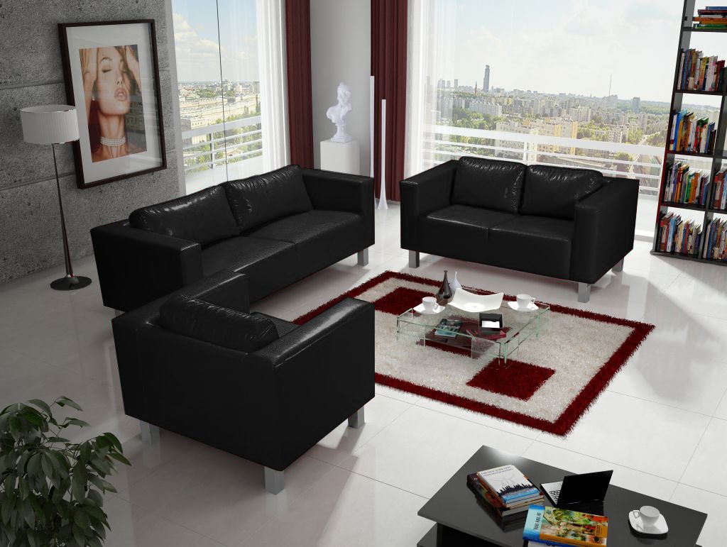 Sofa Set MAILAND 3-2-1 Sofagarnitur in Kunstleder Schwarz