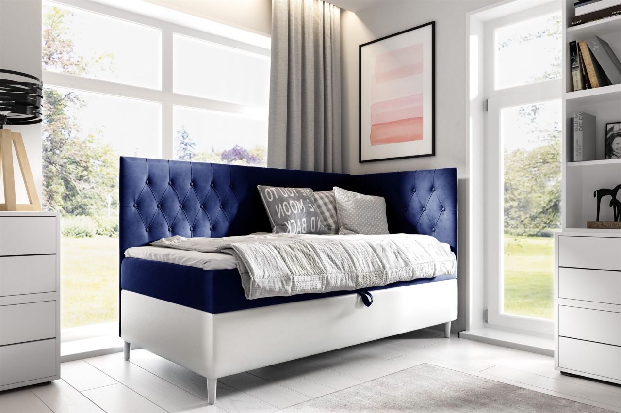 Boxspringbett Gästebett Kinderbett FINJA Nr.3 80x200cm Weiss-Blau Seite Rechts