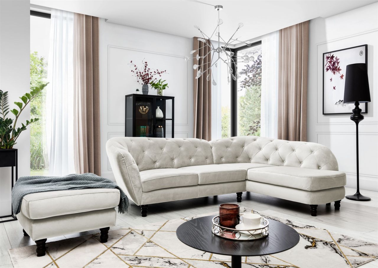 Ecksofa inkl.Hocker CHARLOTTE in Stoff Matt Velvet Beige Ottomane Rechts