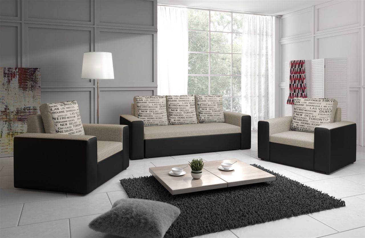 Sofa Set LEEDS 3-1-1 Sofagarnitur in Kunstleder-Webstoff Schwarz/Beige