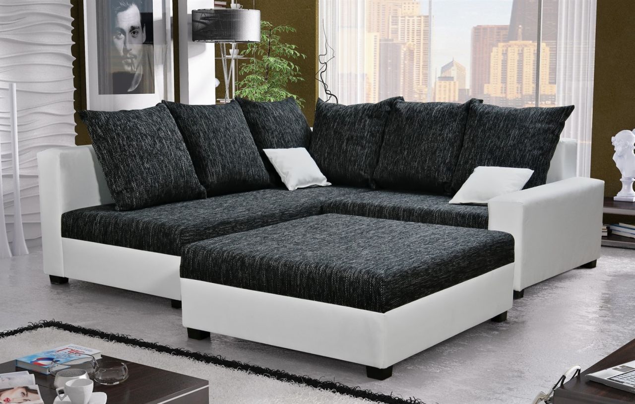 Ecksofa Sofa NINA inkl.Hocker Weiss / Schwarz Ottomane Links