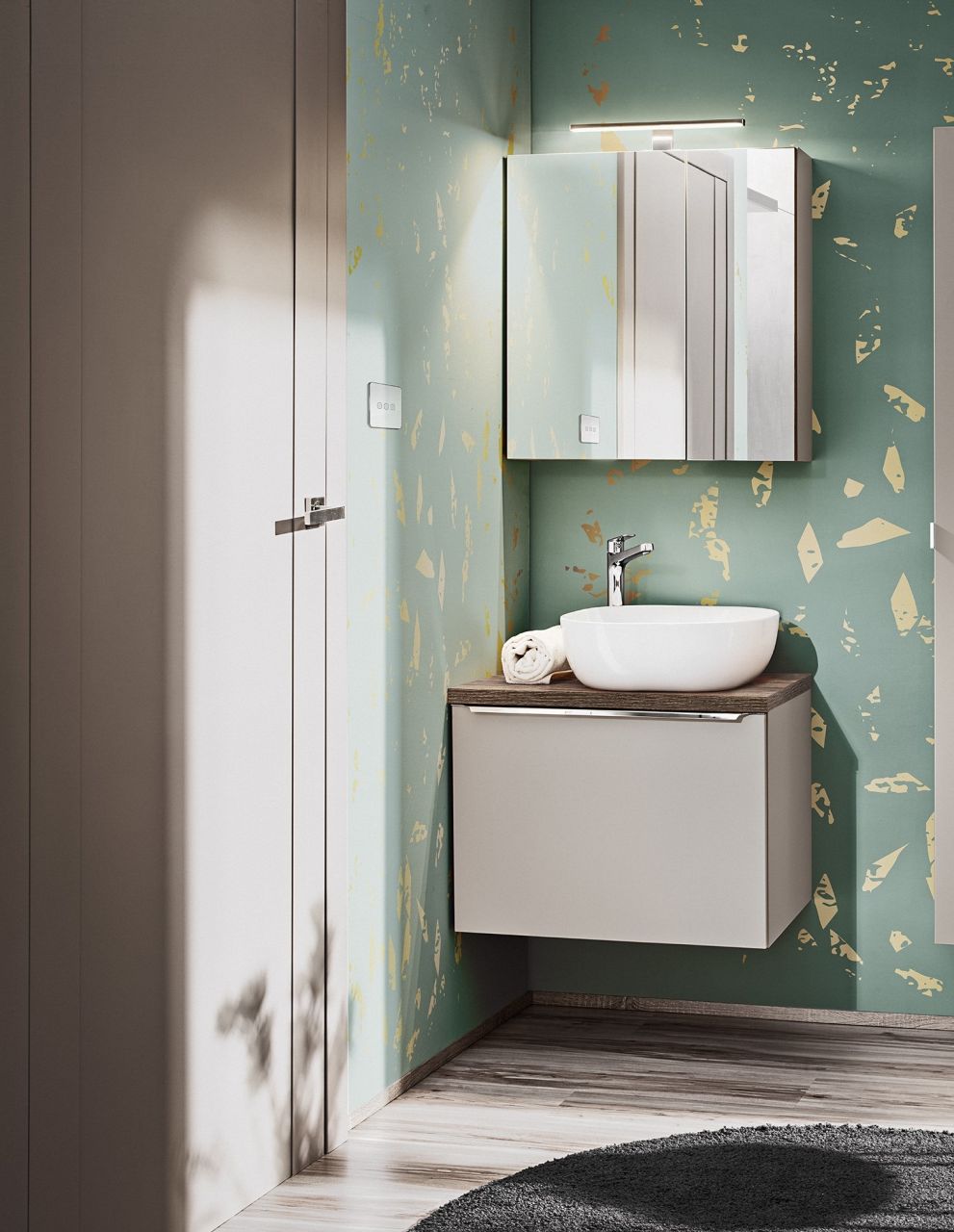 Badmöbel Set 3-tlg Badezimmerset AKAN Taupe Spiegelschrank 60cm inkl. Waschtisch