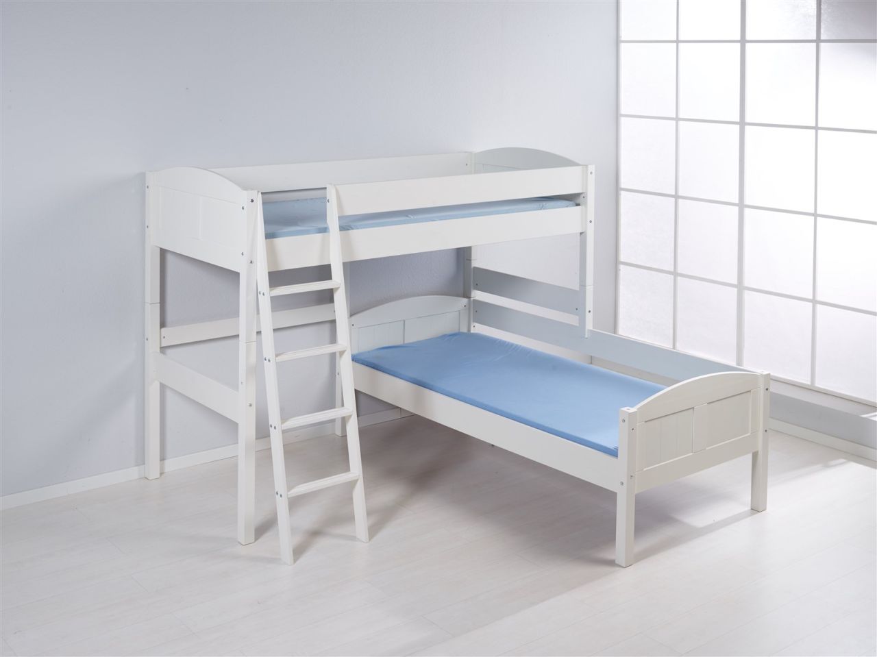 Hochbett Etagenbett L-Bett - MARTI 2 - Kiefer Weiss inkl.2 x Rollrost