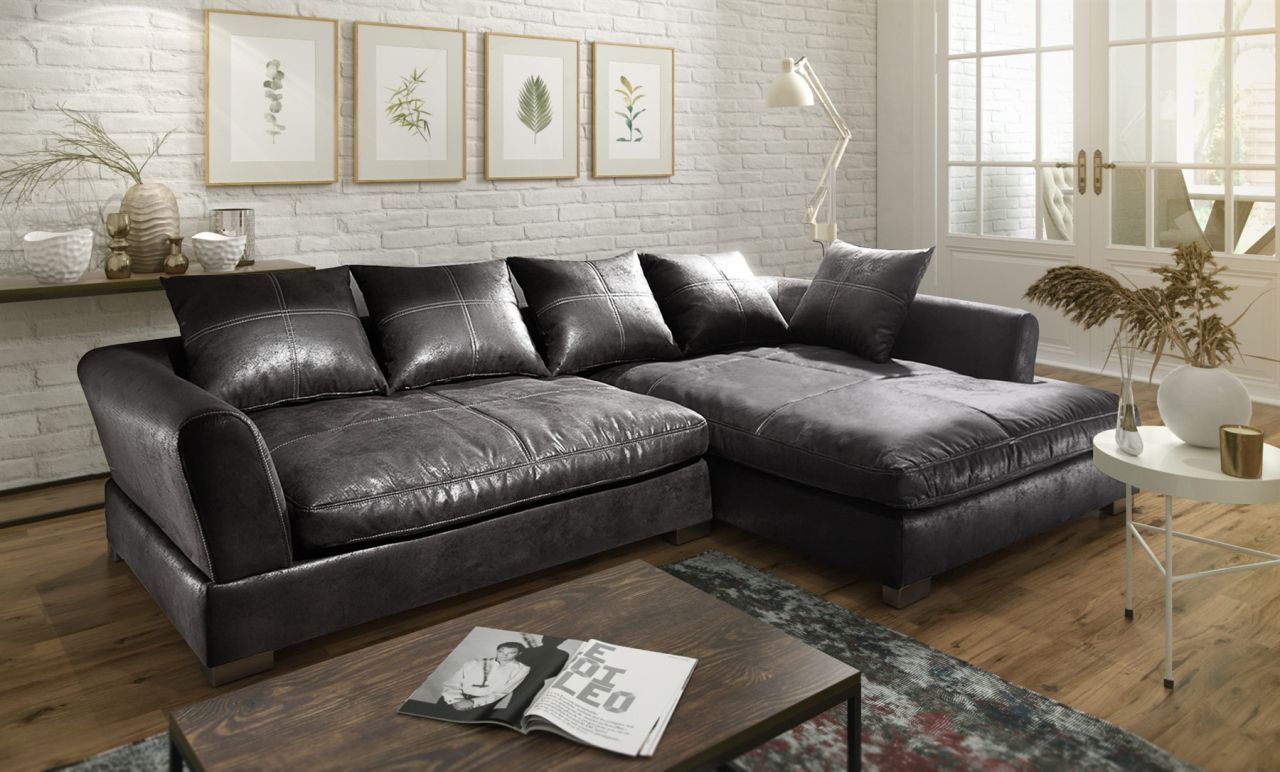 Couchgarnitur TIZIAN L-Form in Wildlederoptik-Schwarz /Ottomane Rechts
