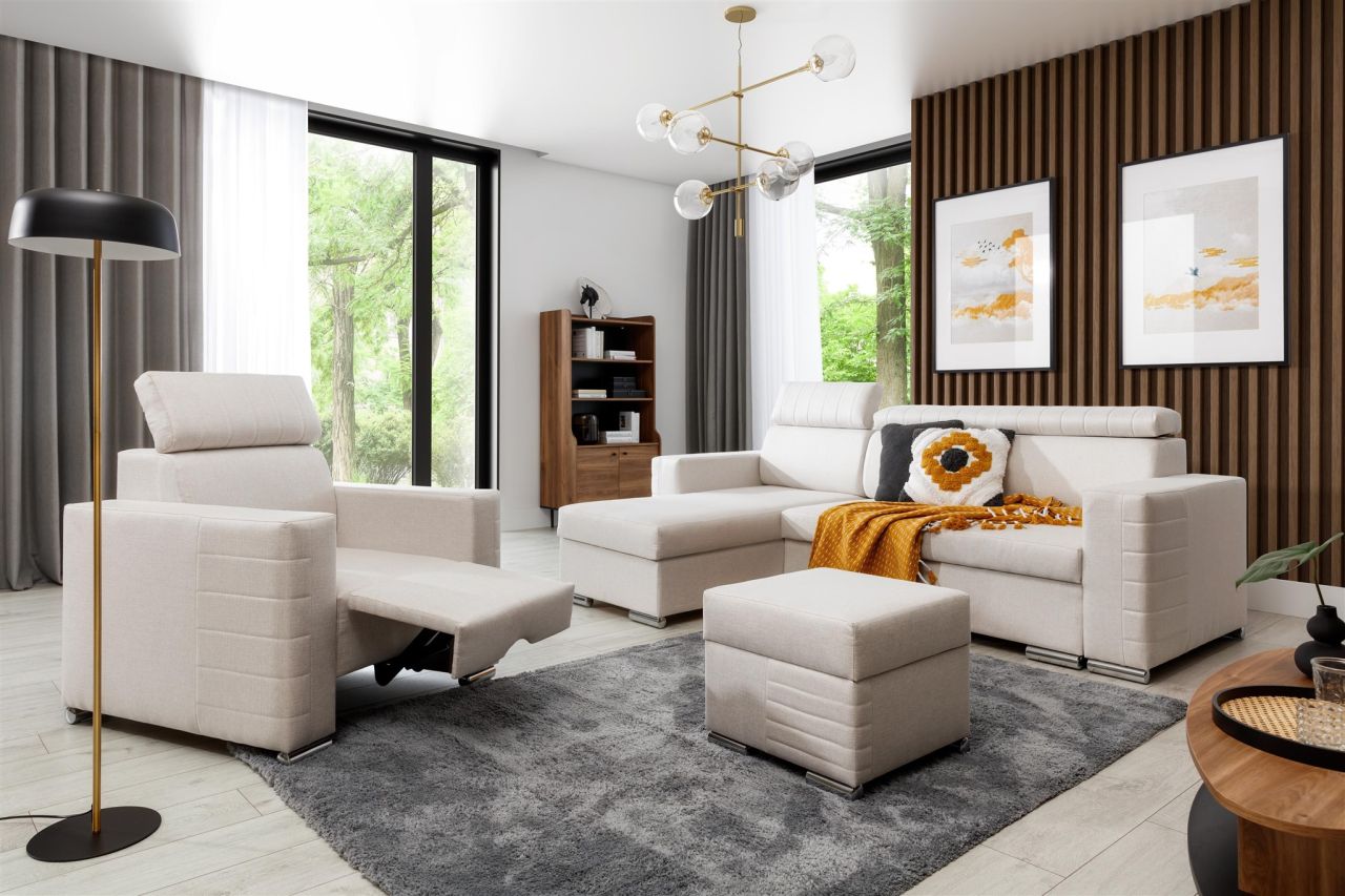 Ecksofa inkl. Hocker und Sessel CANTON Stoff Liverpool Pearl Ottomane Links