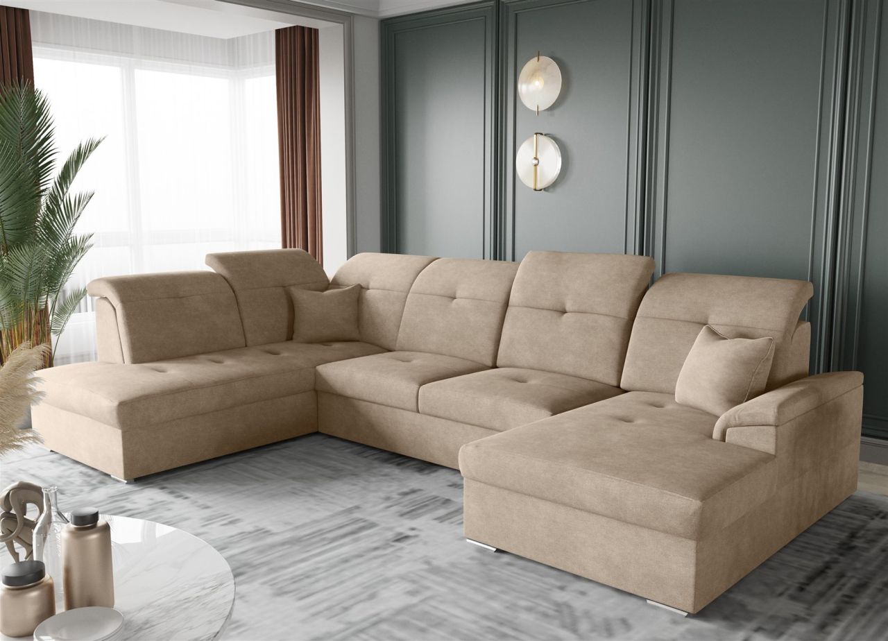 Wohnlandschaft Schlafsofa FREJA Stoff Brooklyn Cappuccino Langer Schenkel Links