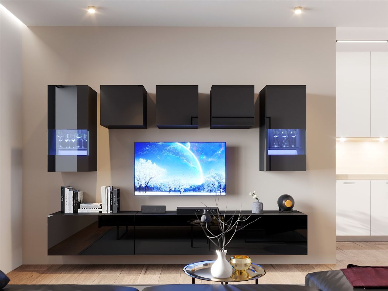 Mediawand Wohnwand 8 tlg - NEXI XL 25 - Schwarz Hochglanz inkl. LED