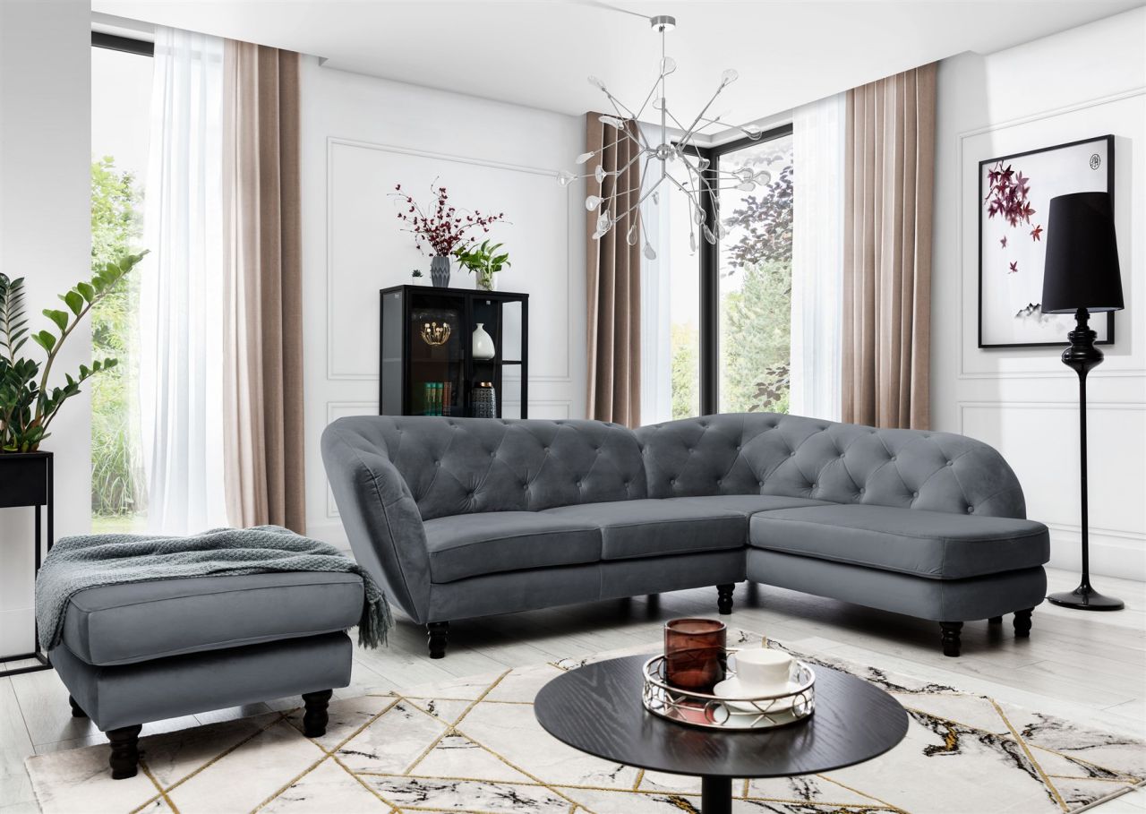 Ecksofa inkl.Hocker CHARLOTTE in Stoff Matt Velvet Anthrazit Ottomane Rechts