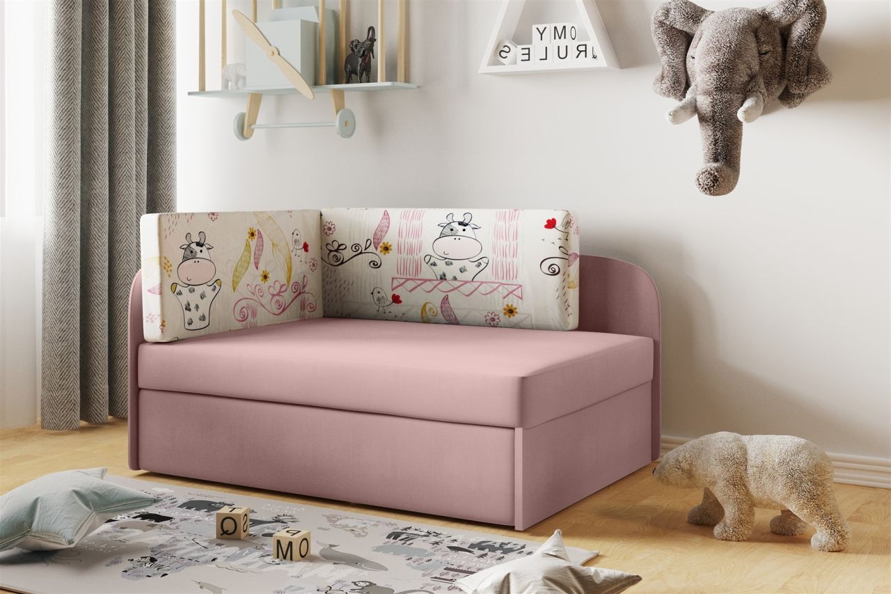 Sofa Kindersofa Schlafsofa inkl. Bettkasten MAILO Seite Rechts Stoff Rosa-Kuh