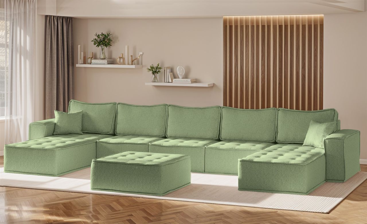 Wohnlandschaft Sofa U-Form Modulsofa-Set 6-teilig SANDE Stoff Alpine Hellgrün