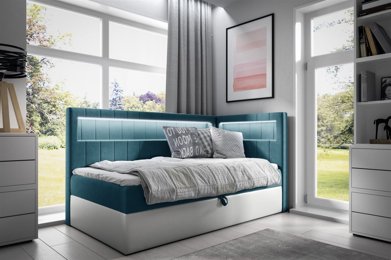 Boxspringbett Gästebett Kinderbett FABIAN Nr.3 100x200cm Weiss-Türkis Seite R...
