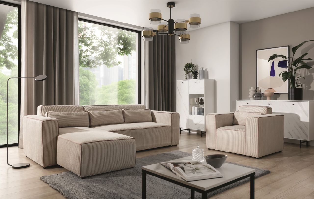 Ecksofa Schlafsofa inkl. Sessel WALDO Stoff Poso Beige Ottomane Links