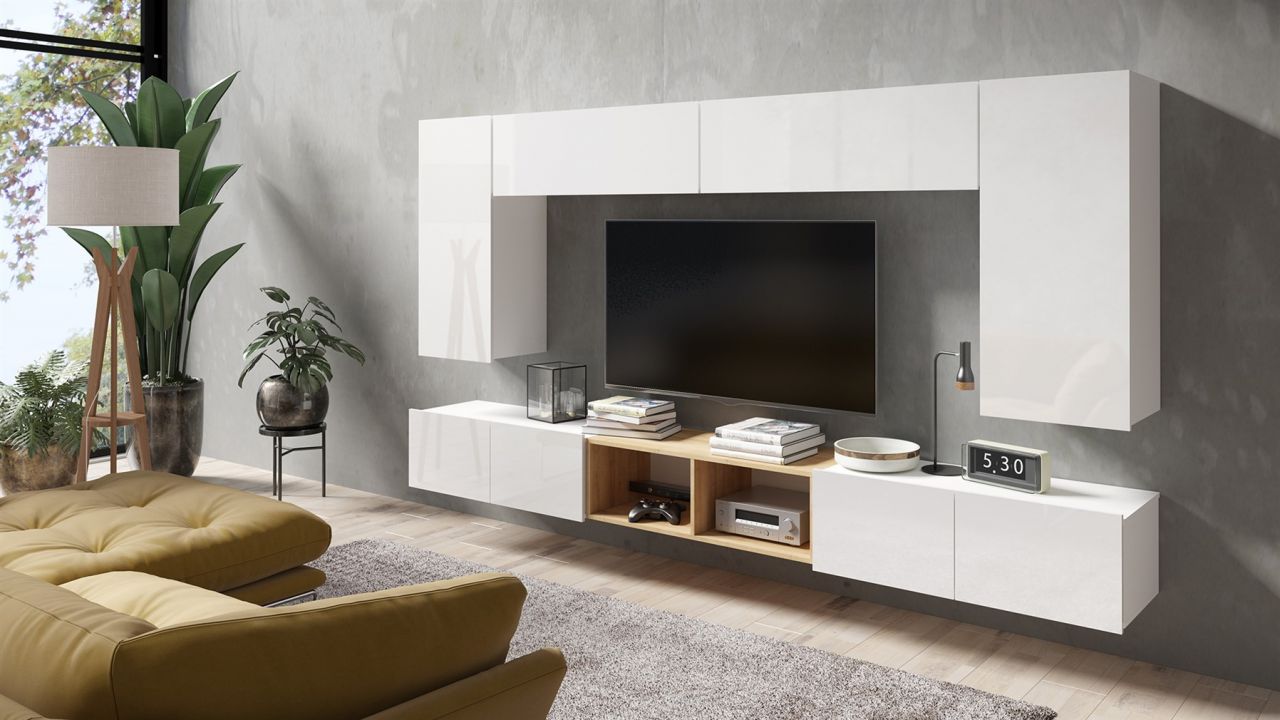 Mediawand Wohnwand 7 tlg - KAVOS 1 - Weiss Hochglanz