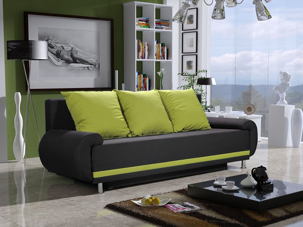 Sofa Designersofa MIKA 3-Sitzer mit Schlaffunktion Anthrazit- Limette
