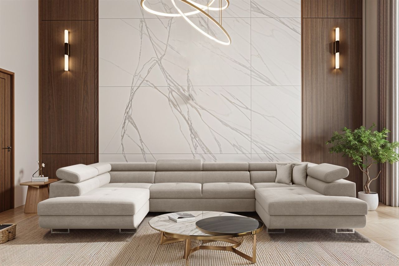 Wohnlandschaft Schlafsofa Sofa CARMELO in Stoff Nova Hellgrau