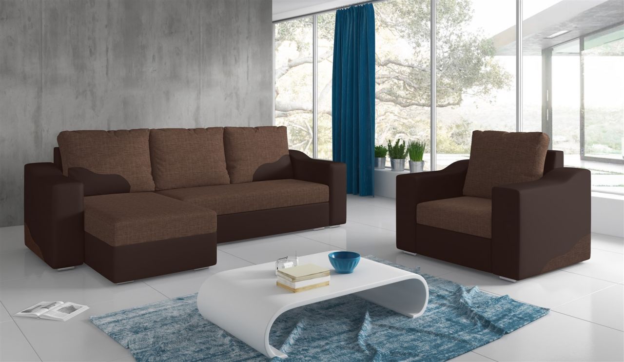 Ecksofa Set COLLIN Ottomane Links + Sessel Braun / Hellbraun