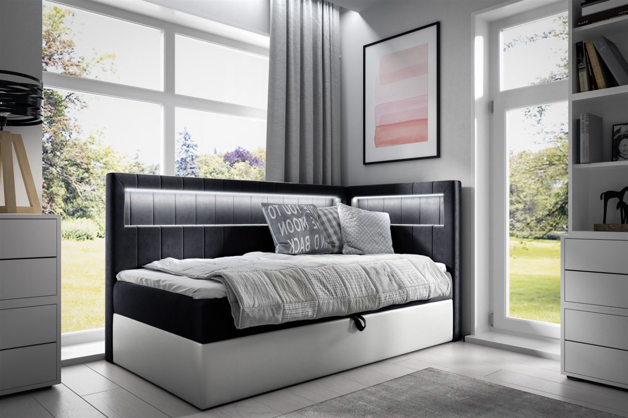 Boxspringbett Gästebett Kinderbett FABIAN Nr.3 90x200cm Weiss-Schwarz Seite R...