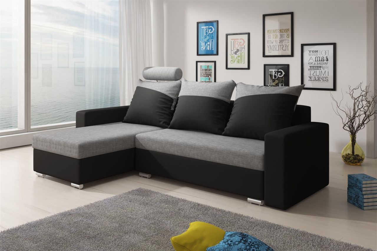 Ecksofa Sofa NORA mit Schlaffunktion Schwarz / Hellgrau Ottomane Links