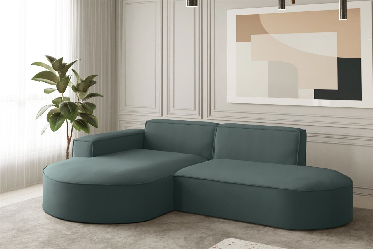 Ecksofa Designersofa PALMA XS in Stoff Opera Velvet Opalgrün Ottomane Links
