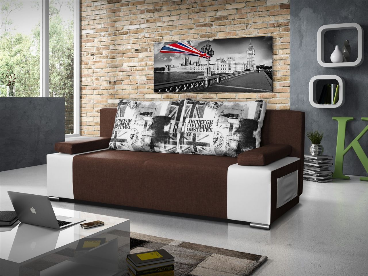 Sofa Schlafsofa inklusive Bettkasten LIVIAN Weiss / Braun