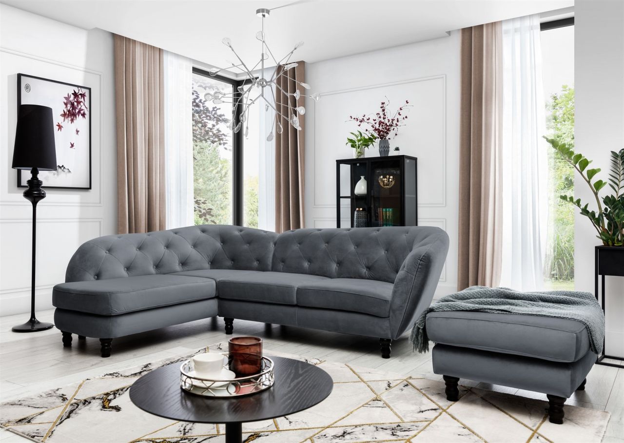 Ecksofa inkl.Hocker CHARLOTTE in Stoff Matt Velvet Anthrazit Ottomane Links