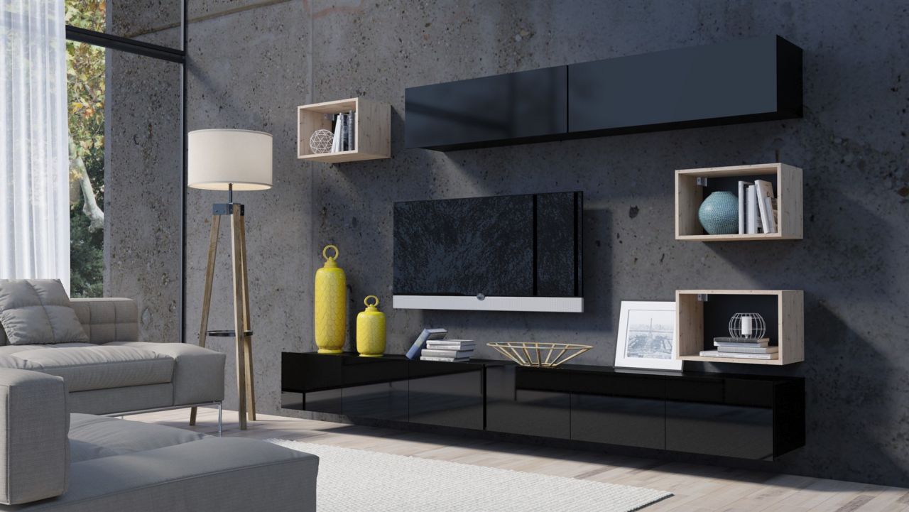 Mediawand Wohnwand 7 tlg - KAVOS 17 - Schwarz Hochglanz