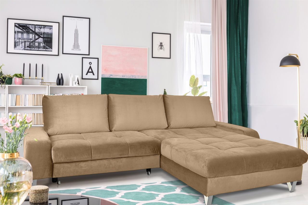 Couchgarnitur MAXIME Sand mit Schlaffunktion Ottomane Rechts