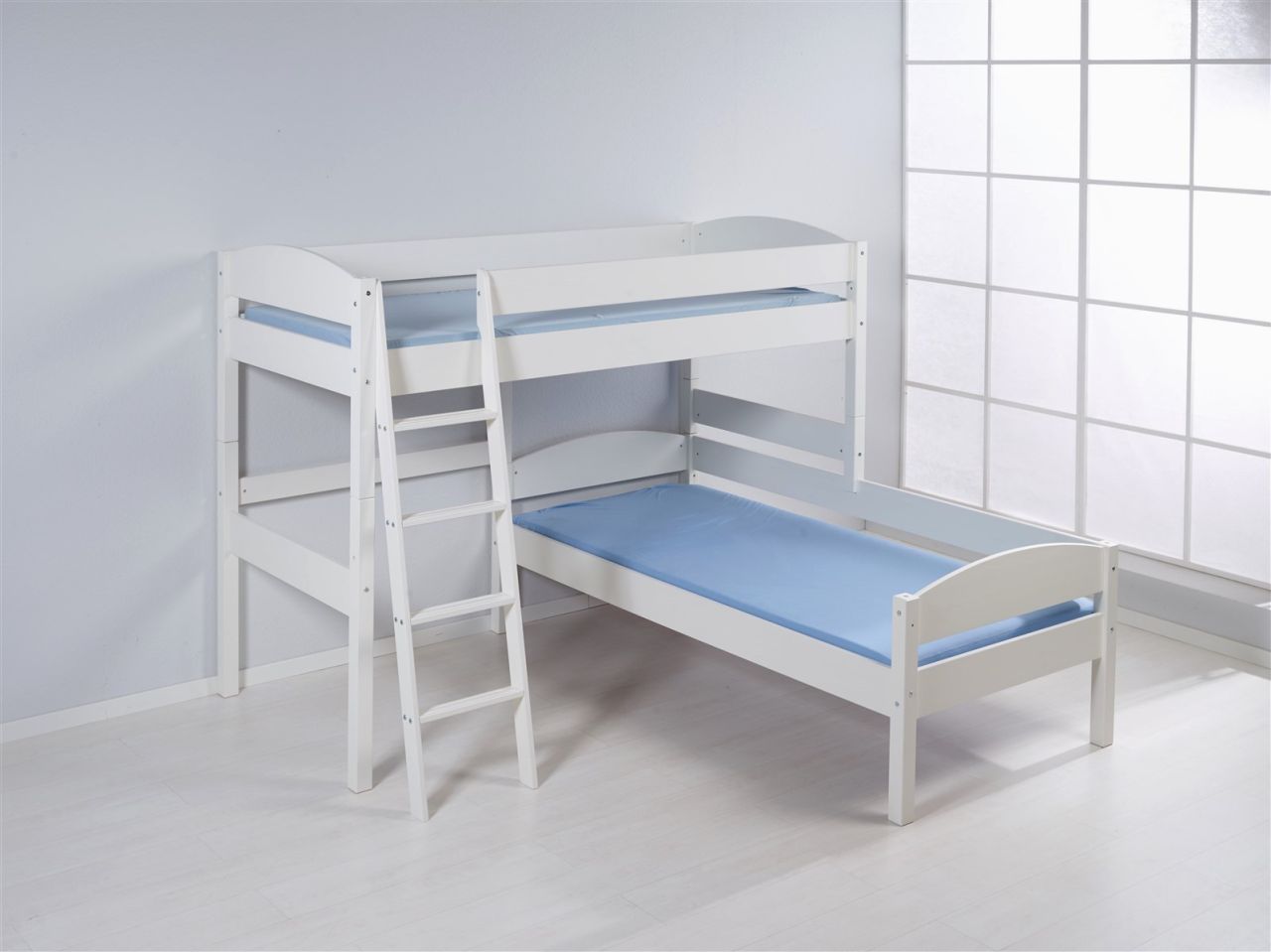 Hochbett Etagenbett L-Bett - MARTI - Kiefer Weiss inkl. 2 x Rollrost