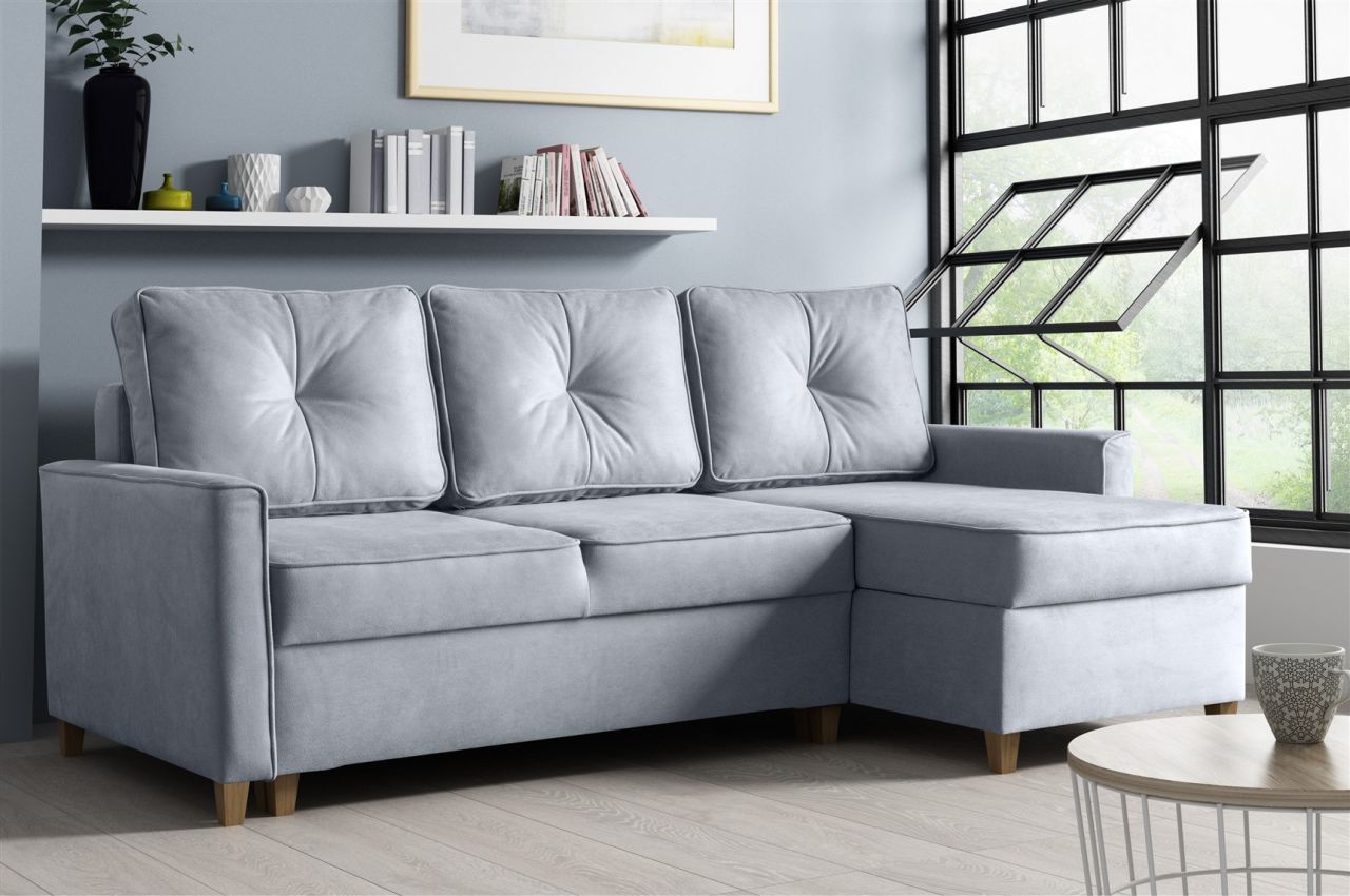 Couchgarnitur BOSCO L-Form in Polyesterstoff Hellgrau /Ottomane Rechts