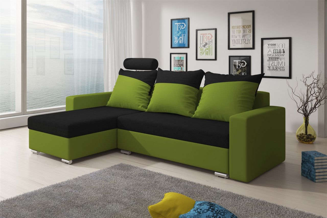 Ecksofa Sofa NORA mit Schlaffunktion Lim..grün/Schwarz Ottomane Links
