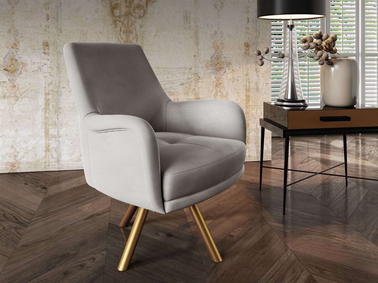 Sessel Drehsessel VALERIE in Stoff Stoff Elisa Velvet Hellgrau