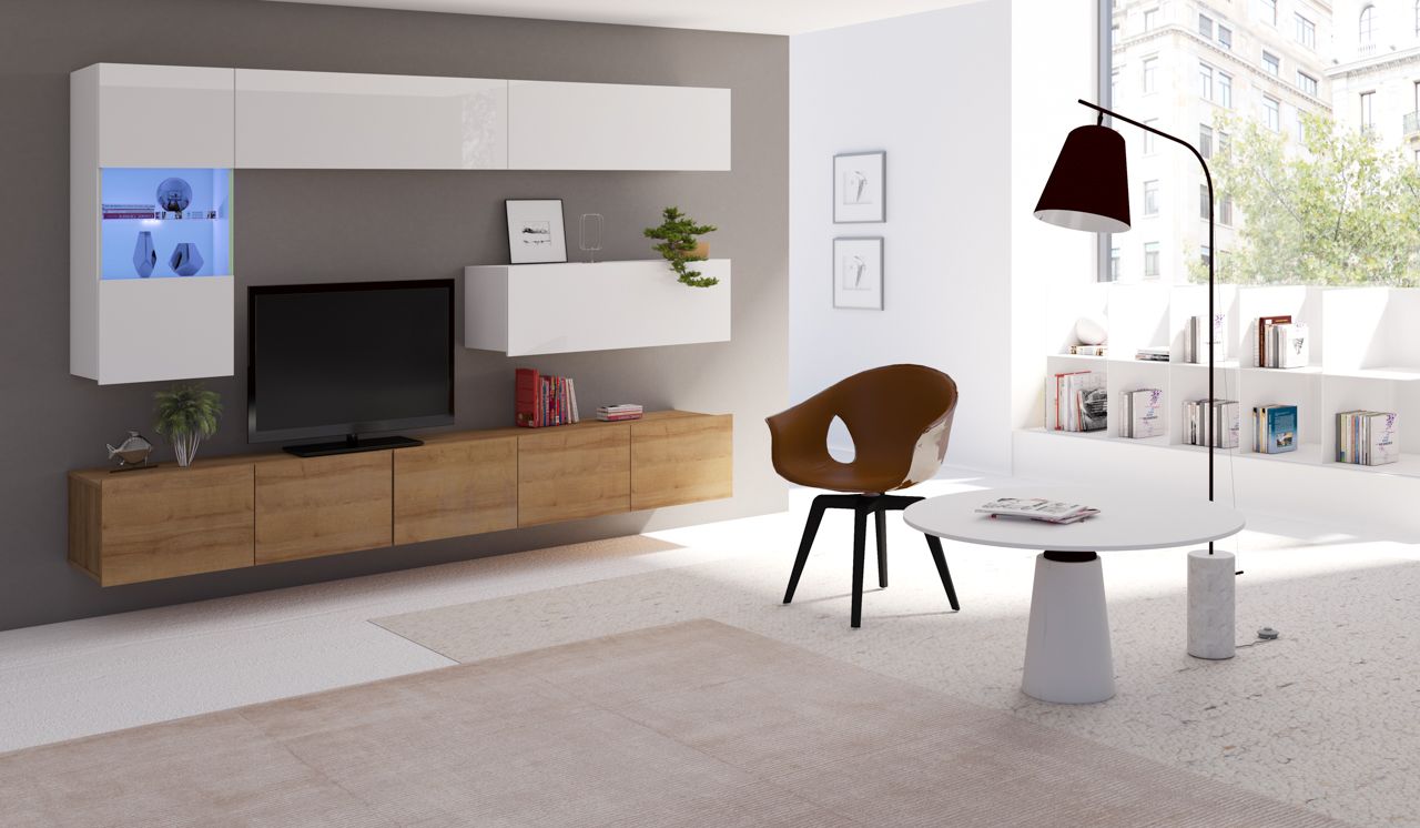 Mediawand Wohnwand 6 tlg - LABRI 4 - Sonoma / Weiss Hochglanz